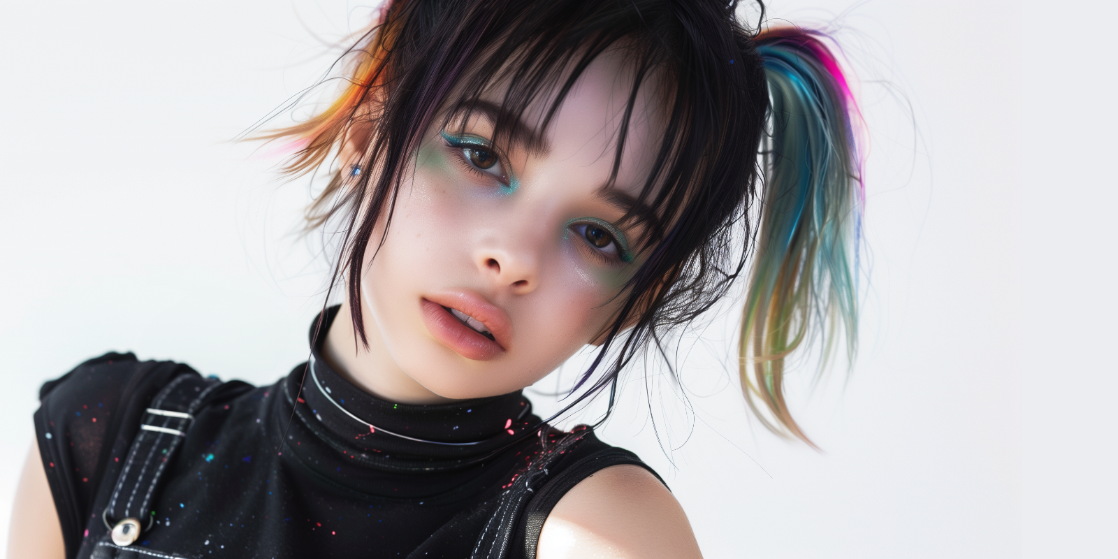 Beautiful woman with black hair and brown eyes in an alternative aesthetic and rainbow accents in her hair.